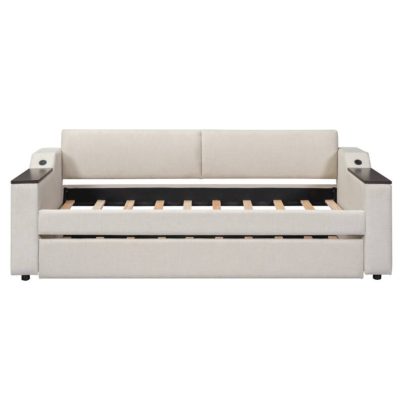 Beige Twin Size Upholstered Daybed with Pull-Out Trundle, Built-In USB Ports & Storage Armrests, Modern Sofa Bed