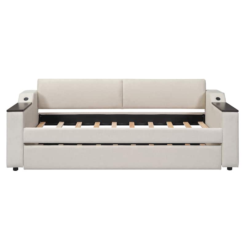 Twin Upholstered Daybed with Trundle and Storage Arms, Beige Linen Fabric Bed with USB Charging Ports