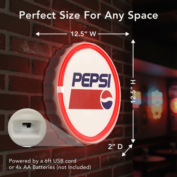 Pepsi LED Neon Sign, Round Scalloped Bottle Cap, Retro Logo - On
