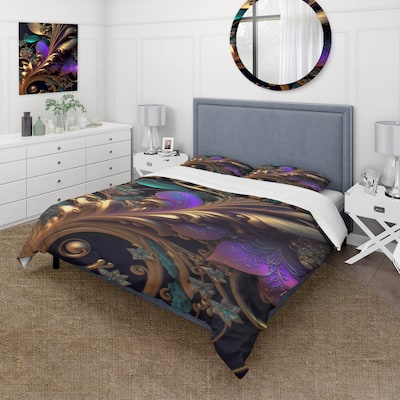 Designart "Abstract Ornate Flowers In Purple And Gold V" Gold Traditional - Bed Cover Set With Shams