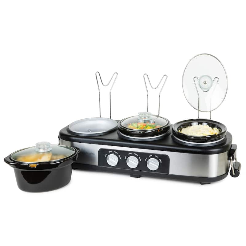 HomeCraft 3-Station 1.5-Quart Oval Slow Cooker Buffet, Stainless Steel