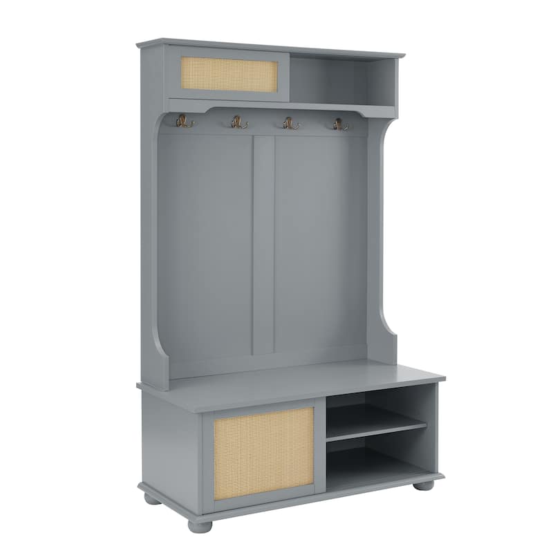 Entryway Coat Rack Bench Storage Bench with Rattan Door Shelves, Rustic Hallway Hall Tree Indoor Bench with Cabinet