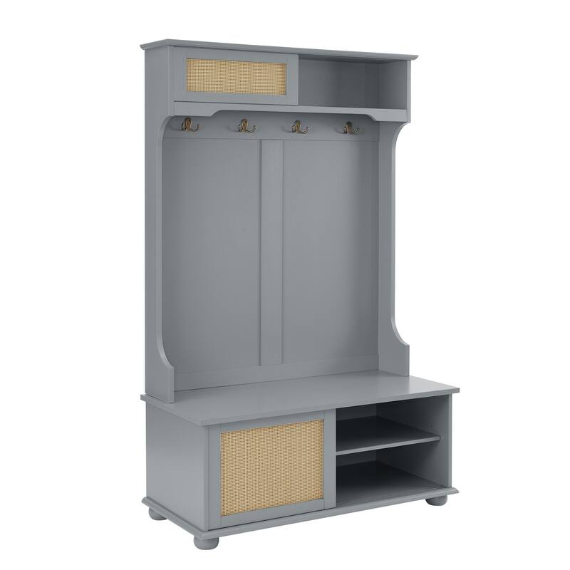 Hall Tree Storage Bench with Rattan Door, Shoe Bench with Adjustable Shelf