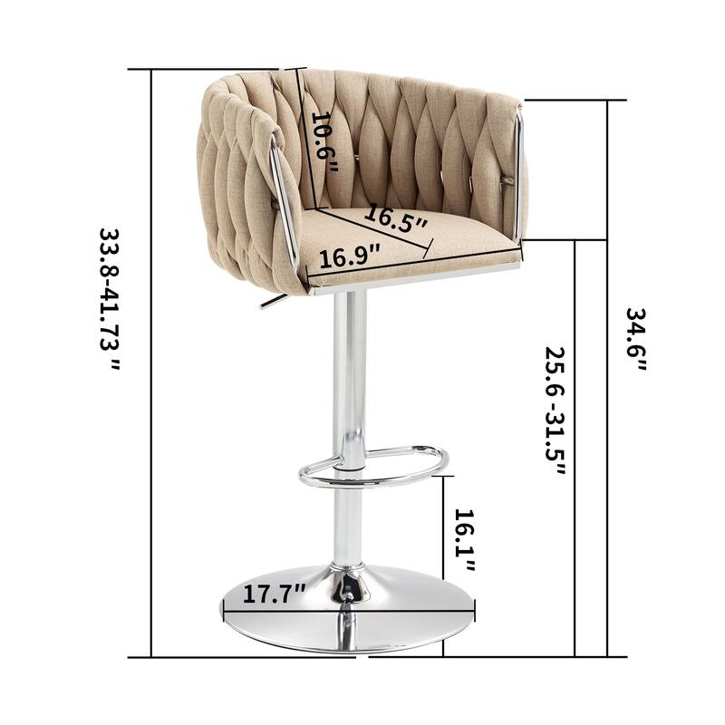 Swivel Fabric Upholstered Bar Stools Set of 2, Adjustable Bar Chairs with Silver Chromed Base