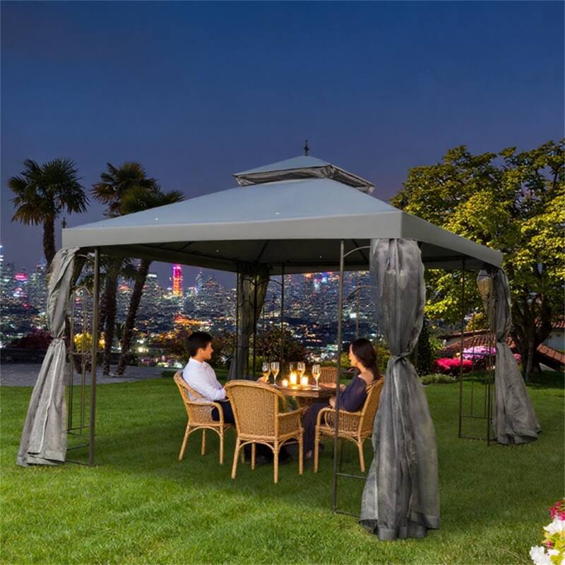 Patio Gazebo with Corner Frame Shelves, Double Roof Outdoor Canopy Shelter