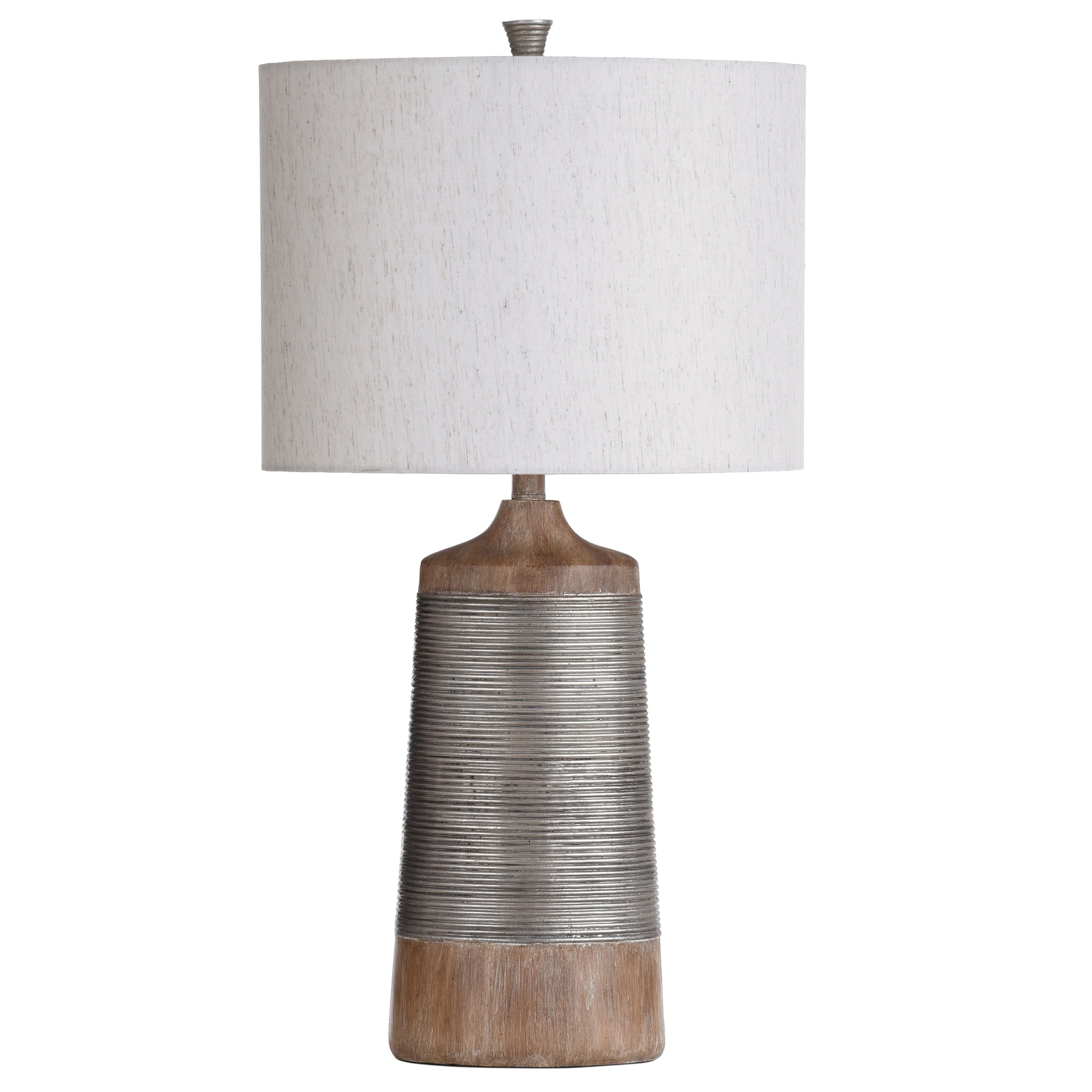 StyleCraft Haverhill Wood and Silver Textured Coil Banded Table Lamp with Oatmeal Drum Shade