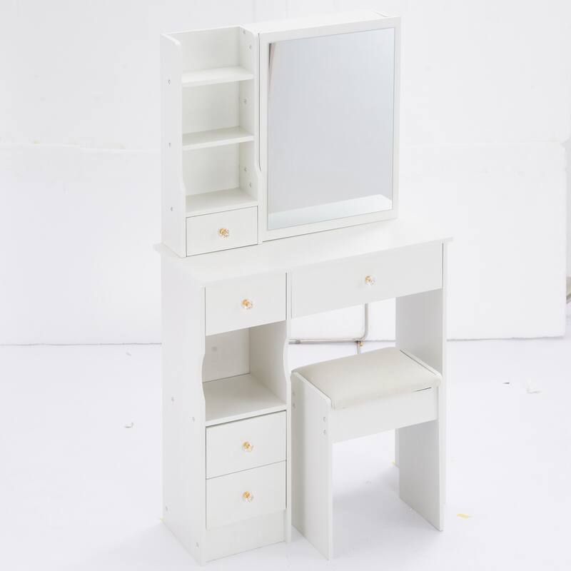 29.2" Small Space Left Drawer Desktop Vanity Table + Cushioned Stool, Extra Large Right sliding mirror