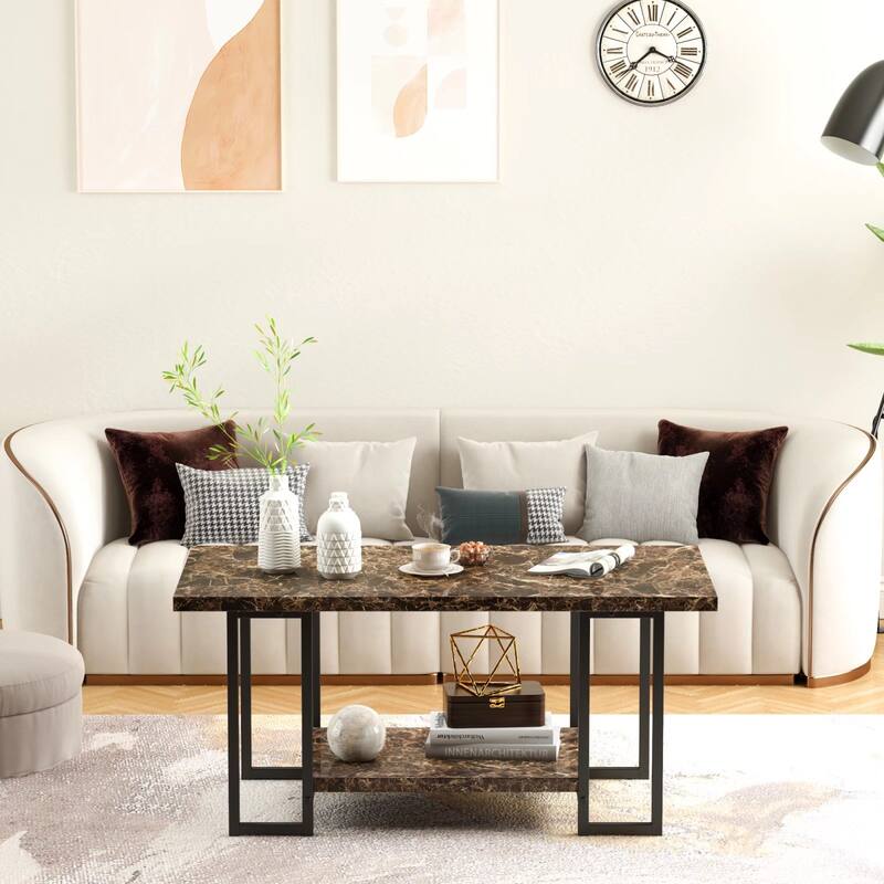2 -Tier Rectangle Coffee Table, Black Base and Faux Marble Table top for Living Room, Double Metal Leg Design