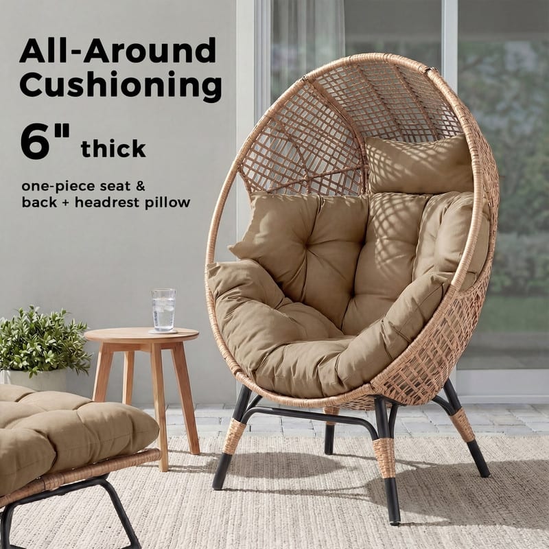 Oversized Wicker Egg Chair with Ottoman and Cushions, Stationary Boho Indoor/Outdoor Lounge Chair