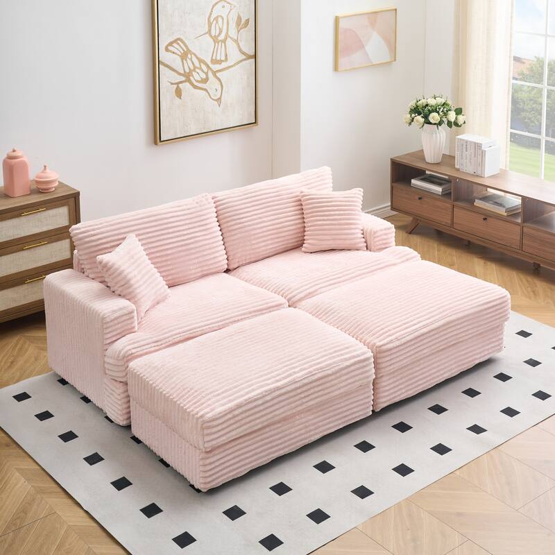 Corduroy Sleeper Sectional Sofa Loveseat Couch with 2 Storage Ottomans