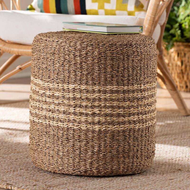 Wickham Modern Bohemian Natural Brown Seagrass Ottoman Footstool