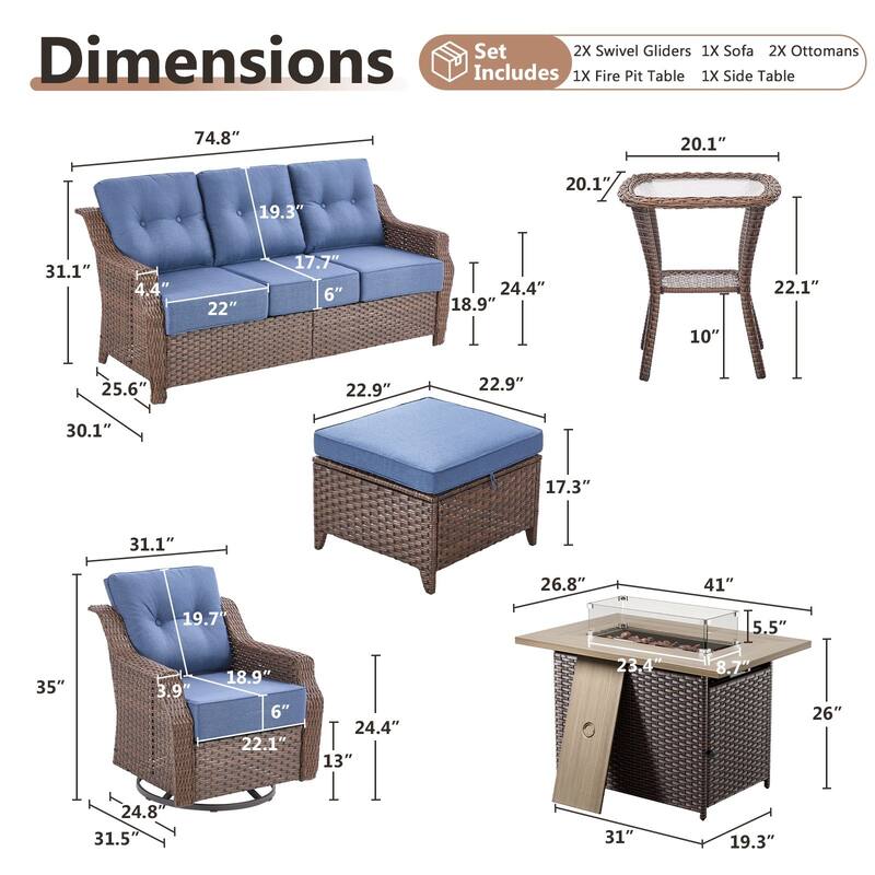 Artisan Brown Wicker Patio Fire Pit Conversation Set with 3-Seat Sofa & Swivel Gliders