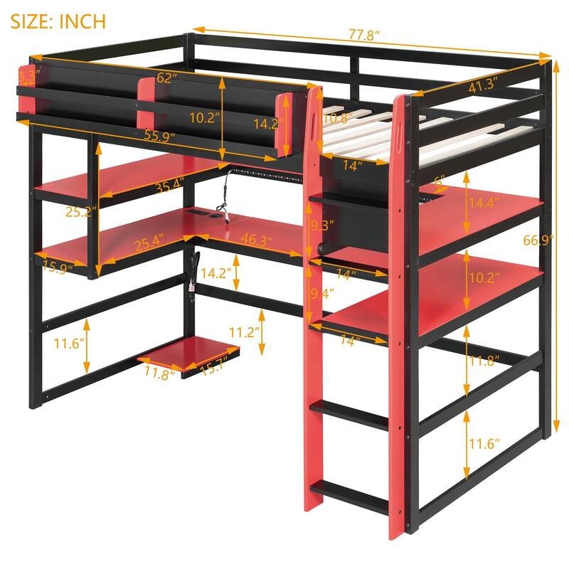 Loft Bed with Wraparound Study Hub, Side Storage Rack, USB Charging & RGB Light by Harper&Bright Designs