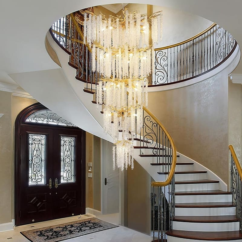 KAYLA 28-Lights Crystal Staircase Chandelier, Indoor Pendant Light, 118'' Modern High Ceiling Light, Height Adjustable - N/A