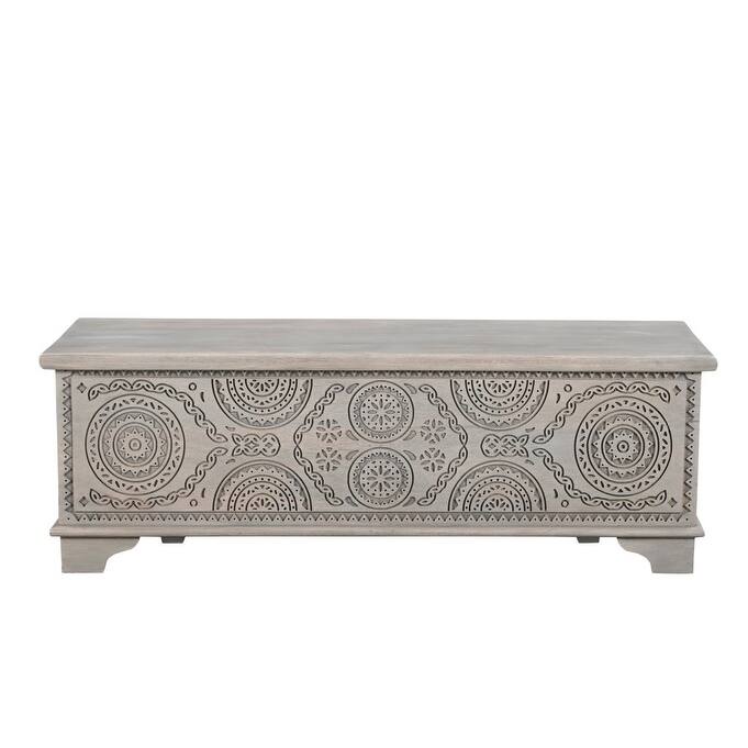 HomeRoots 54" Gray Carved Geo Scroll Solid Wood Storage Ottoman