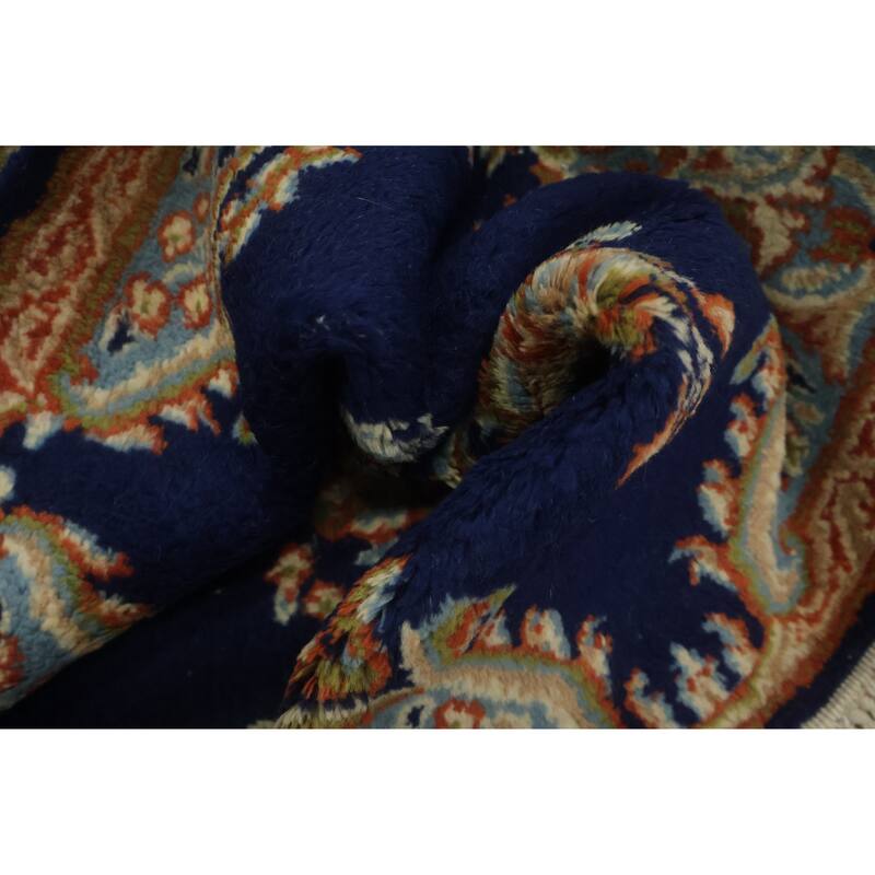 Hand Knotted Oriental 100% Wool Carpet Traditional Floral Navy Blue & Blues Kerman Runner Rug - 9' 10'' X 2' 5''