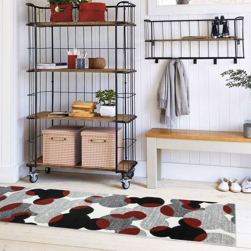 Licensed Disney Mickey Mouse Bravo Toss Modern Geometric Mickey Head Red/ Grey/ Ivory Indoor Area Rug Runner, 8' - 2' 6" x 8'