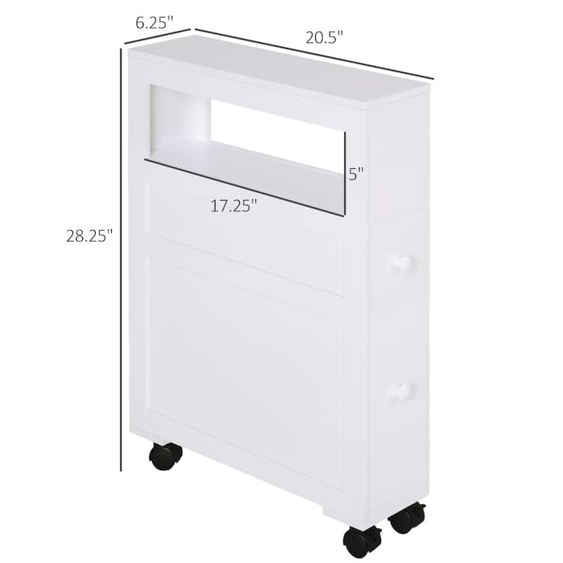 White Toilet Paper Holder Side Storage Cabinet with Wheels, Exquiste Bathroom Floor Cabinet with 2 Drawers