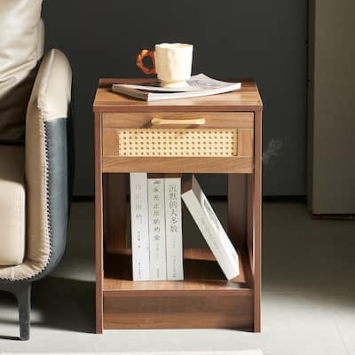 Modern Rattan Nightstand Small Side Table with Drawer for Bedroom or Living Room