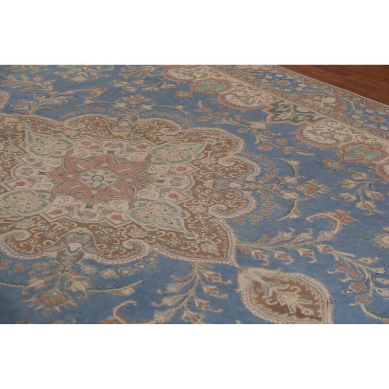 Blue Tabriz Persian Vintage Rug Hand-Knotted Traditional Wool Carpet - 10'0"x 13'2"