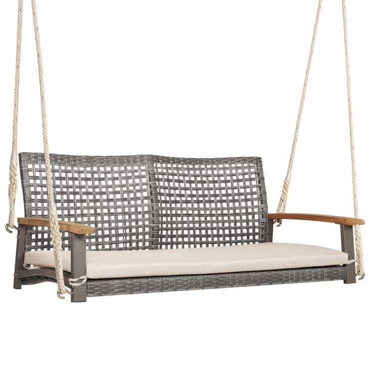 2-Person Patio Wicker Hanging Swing Chair - 55" x 27" x 21.5" (L x W x H) - Off White