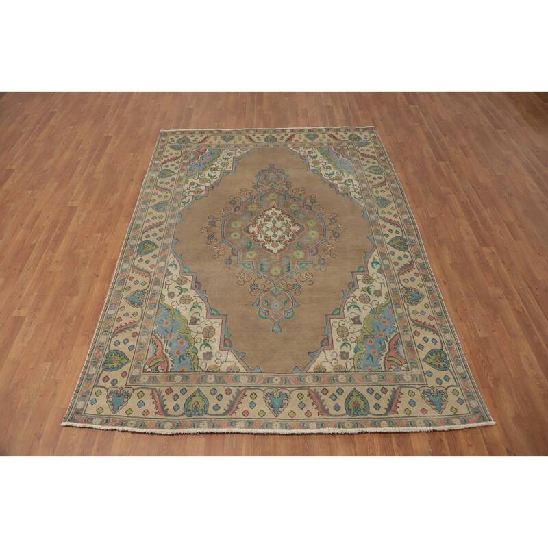 Hand Knotted Oriental 100% Wool Carpet Traditional Medallion Brown Tabriz Area Rug - 8' 11'' X 6' 5''