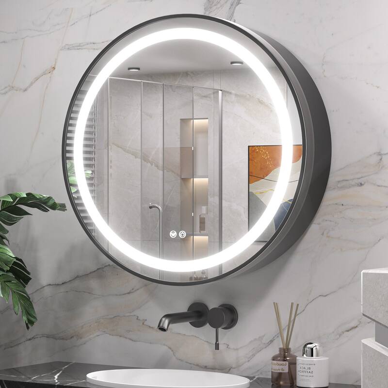 Keonjinn LED Metal Framed Round Medicine Cabinet with Mirror for Vanity, 3 Color Temperatures - 26''x26''