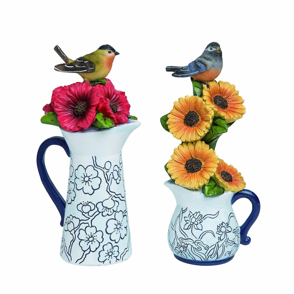 Transpac Resin Pitcher w/Bird Decor Set of 2 Spring Home Decorations