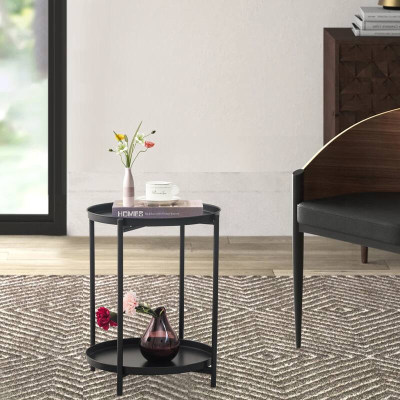 Adeco Side Table 2-Tier Metal Round End Table with Removable Tray - 17.5""(D)x 17.5""(W)x 20.7""(H)