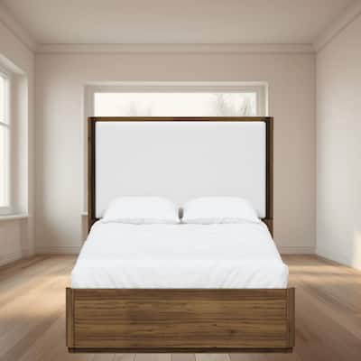 Queen Size Upholstered Platform Bed Frame with Walnut Veneer, Upholstered Headboard and Casual Transitional Design for Bedroom