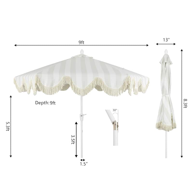 9ft Tassel Patio Umbrella Auto-Tilt, Crank , by JONATHAN Y