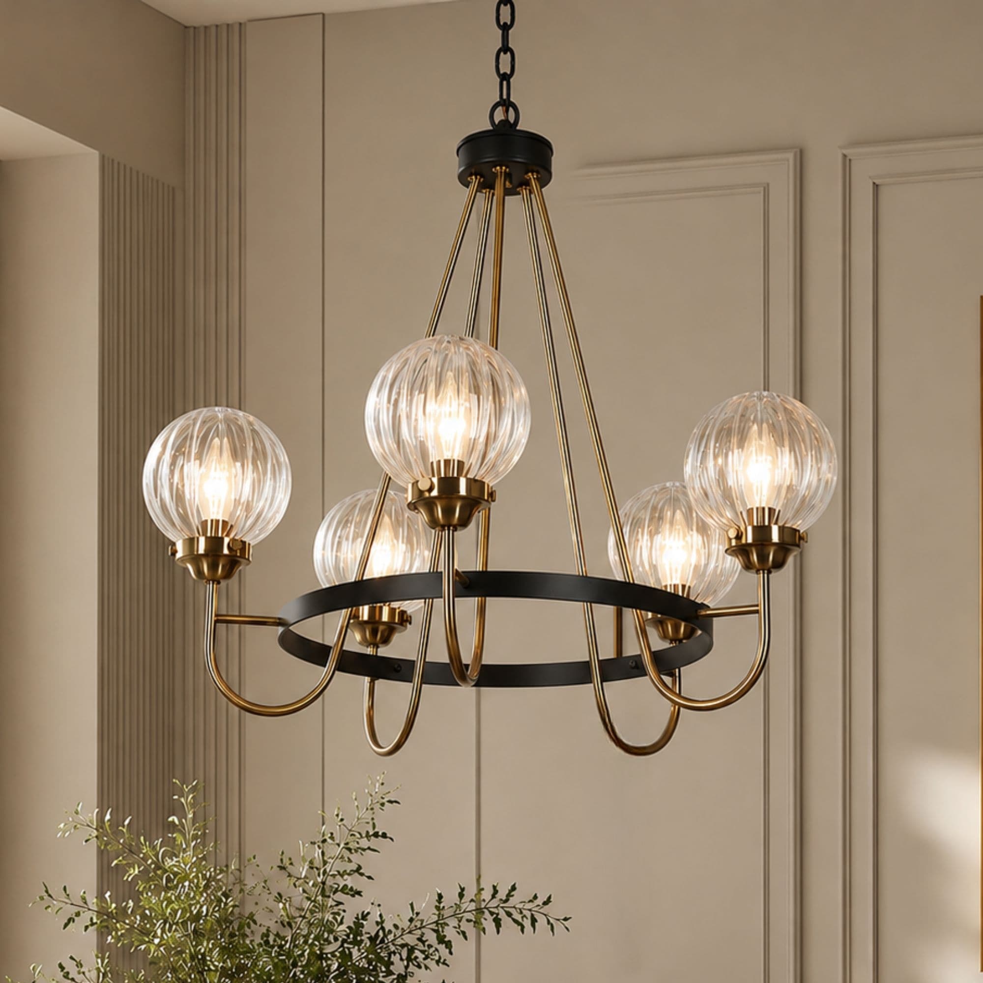 Modern Farmhouse 5-Light Black Gold Chandelier Wheel Shape Pendant Lights for Dining Room - 22" D x 21.5" H
