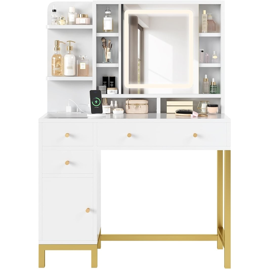 LED Vanity Desk with Mirror, Makeup Vanity Table with Lighted Mirror, Power Outlet & USB Ports, 3 Drawers & Cabinet