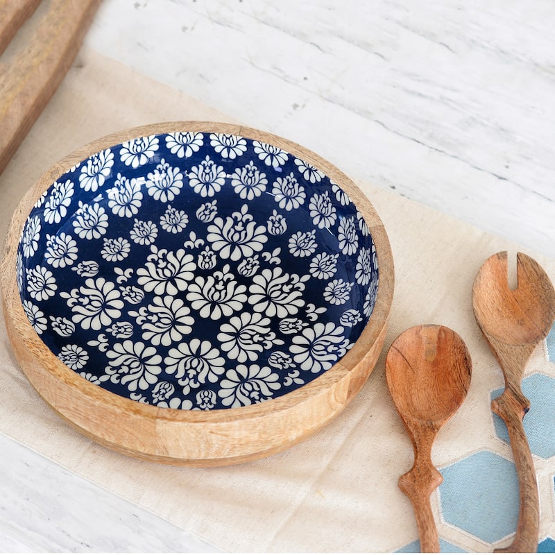 Novica Handmade Delhi Lotus Mango Wood Salad Bowl And Servers (3 Pieces)