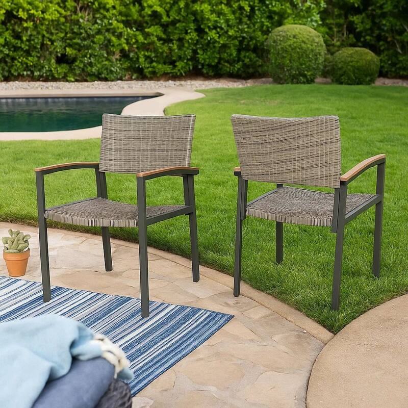 Outdoor Dining Chair Set of 2, Mesh Seat, Gray Rattan and Brown Faux Wood