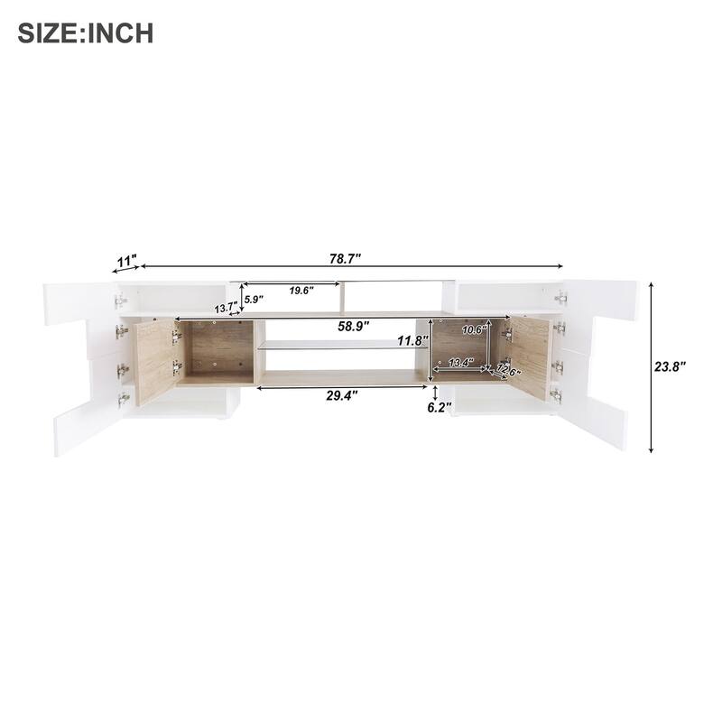 ON-TREND Unique Shape TV Stand with 2 Illuminated Glass Shelves, High Gloss Entertainment Center for TVs Up to 88", Versatile TV