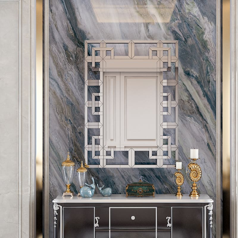 Silver Wall-mount Art Mirror w/Geometric Frame for Hallway Room Decor