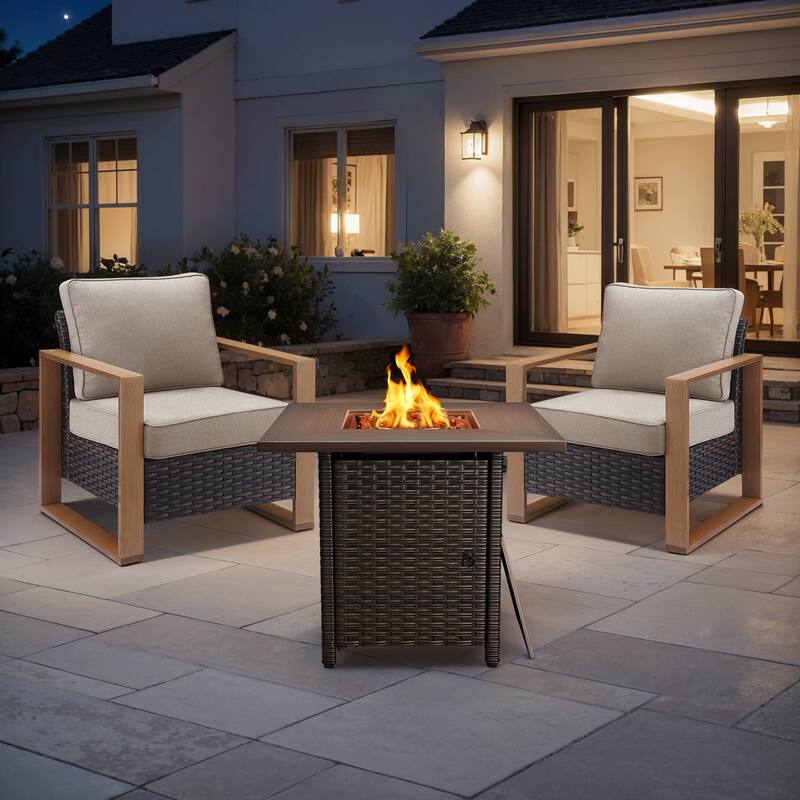 Meyreso 3-Piece Wicker Patio Conversation Set with Fire Pit & Plush 4.5" Olefin Cushions - Brown Wicker - Beige Cushions