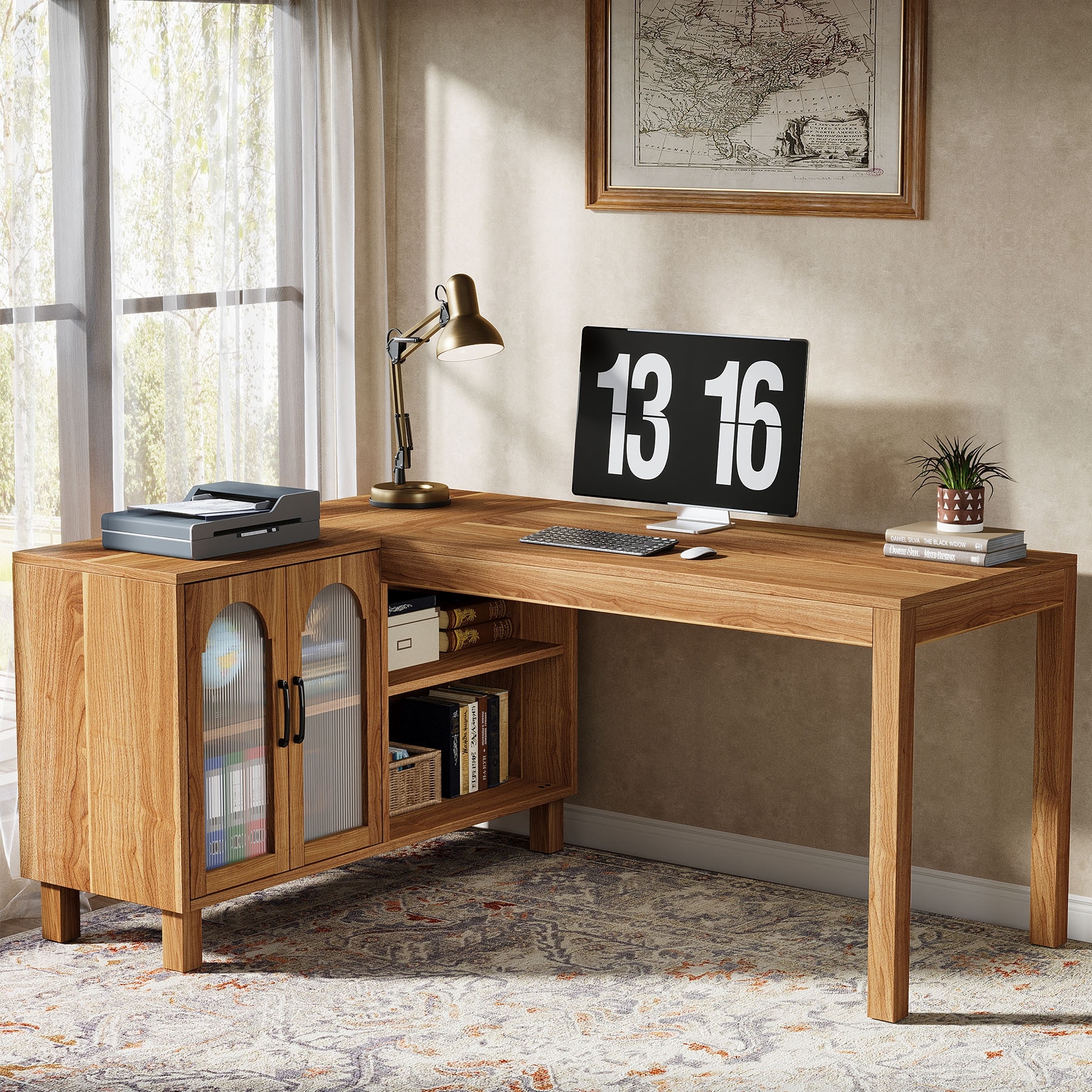 59 Inch L-Shaped Desk with File Cabinet and Storage Shelves, Corner Desk for Home Office