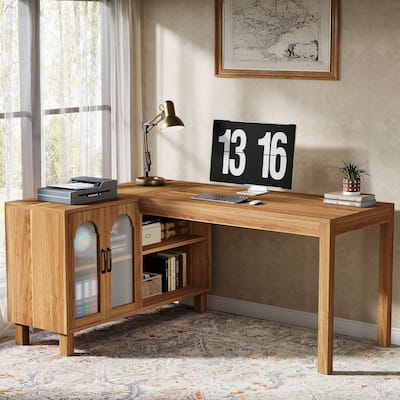 59-Inch L Shaped Desk with Storage Cabinet, Corner Executive Desk