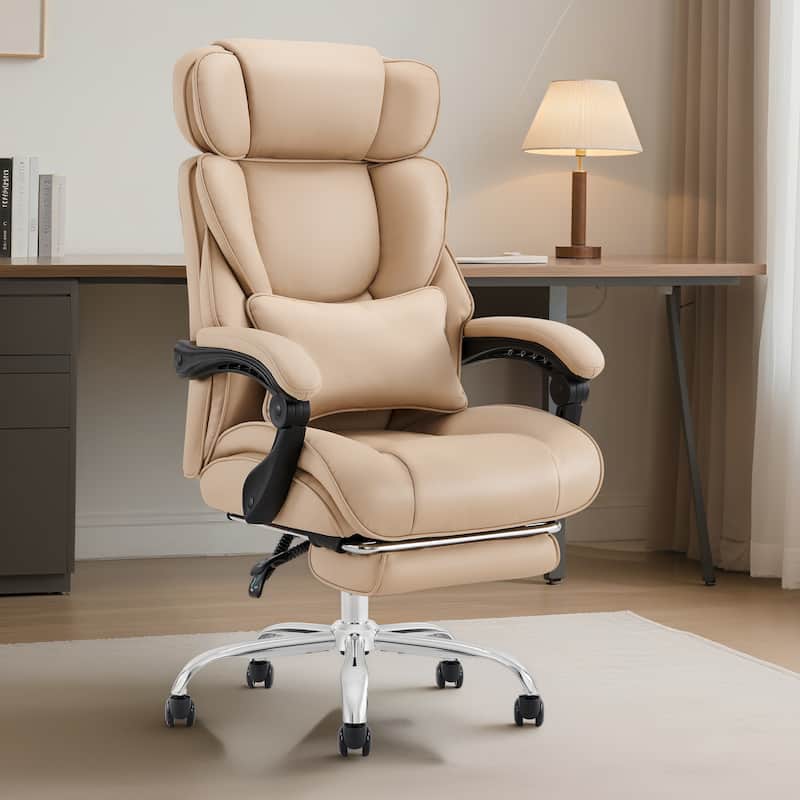 Office Chair with Footrest-Ergonomic Computer Chair with Extra Lumbar Support Pillow, Thick Bonded Leather - Brown