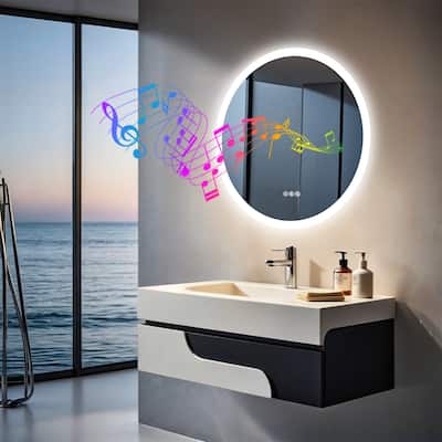 32" Round Wall Illuminated Bathroom Mirror with Lights Bluetooth Speaker Dimmable Defogging - 31.50” x 31.50”