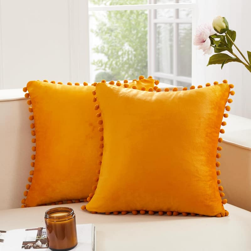 Deconovo Set of 4 Velvet Pom-Pom Pillow Covers Multiple Sizes - 20x20 Inch - Mustard Yellow