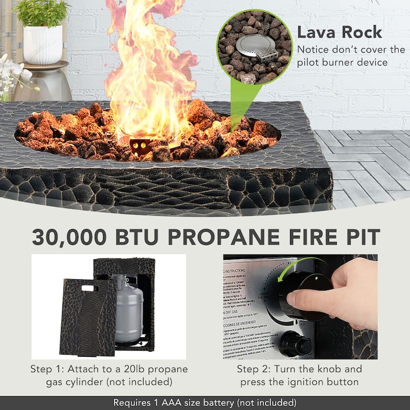 16'' Square Outdoor Propane Fire Pit w/Lava Rocks Waterproof Cover