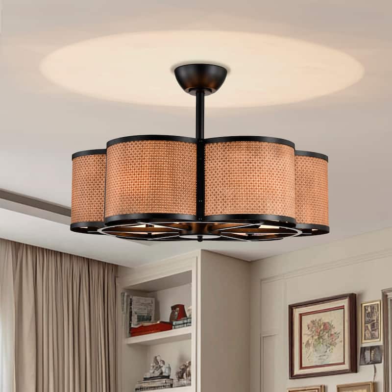 Bremen Basket Weave and Metal Frame Lighted Ceiling Fan Fandelier - Brown