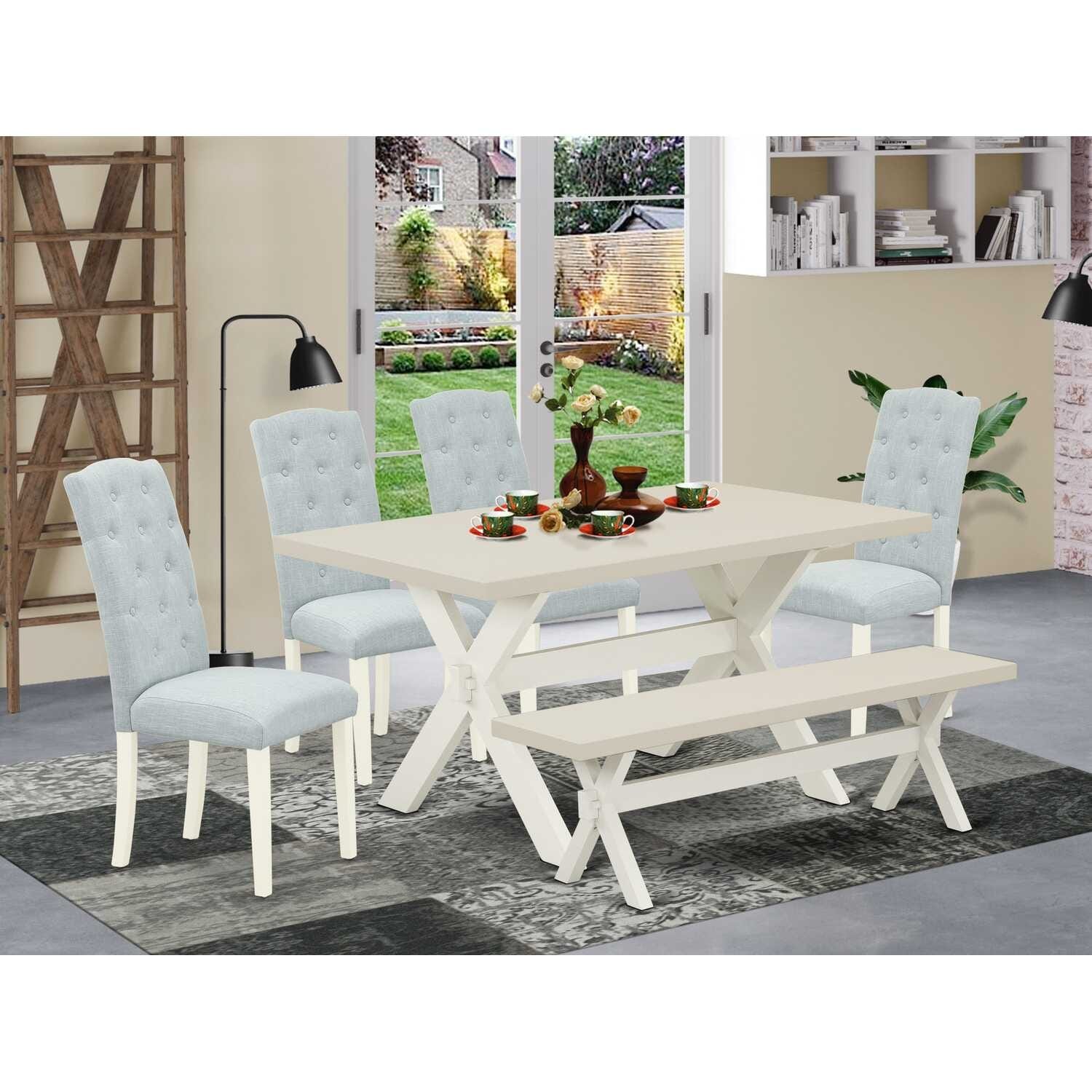 HomeStock 6-Pc Rectangle Natural Oak Finish Solid Wood Top Dining Table with 1-Bench, 4-Chairs