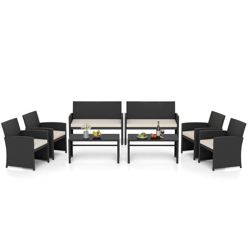 Gymax Set of 8 Patio Conversation Set w/Seat Cushions & Tempered Glass