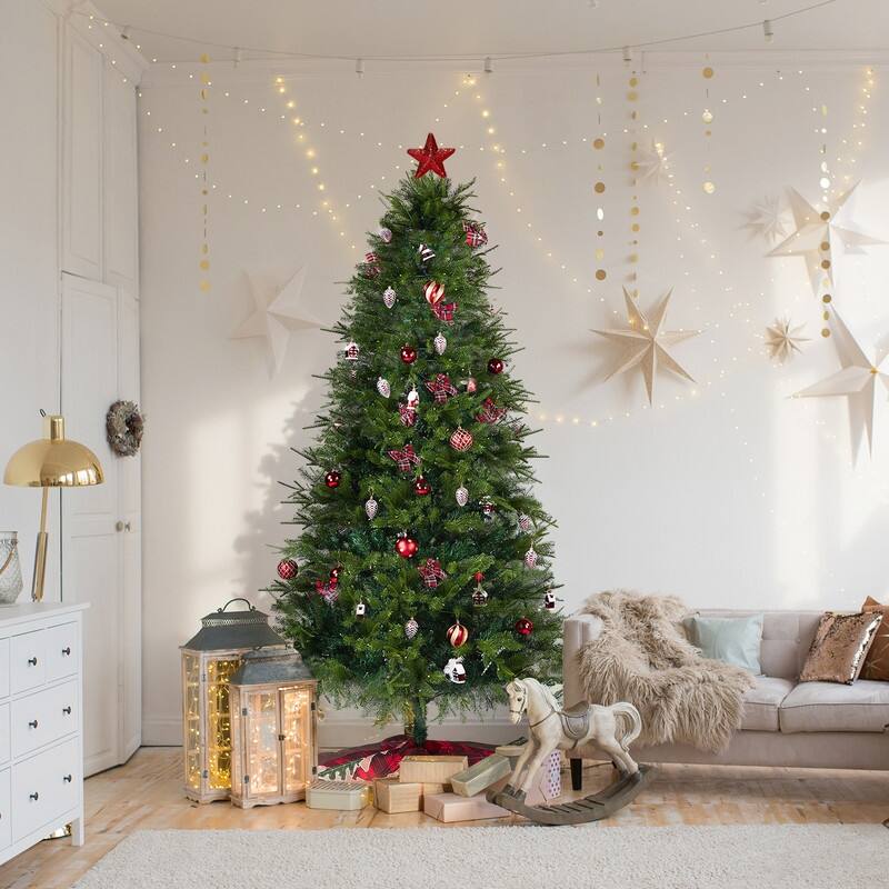 7.5 FT Artificial Christmas Tree with LED Lights, Hinged Xmas Pine Tree with Tree Skirt and Holiday Ornaments for Holiday Party - Green and Red - 7.5 Foot