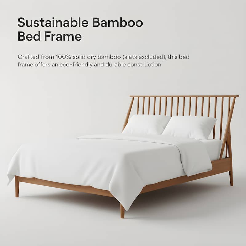 Bohemian Bamboo Spindle Platform Bed Frame with Wooden Slats and Metal Support, No Box Spring Needed, Low Profile Wingback Bed