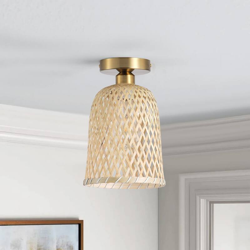 Farmhouse Brushed Gold 1-Light Semi Flush Mount Ceiling Light with Bamboo Weave Shade